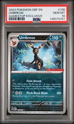 Pokemon PSA 10 2023 Umbreon #130/197 Obsidian Flames Gamestop Promo Reverse Holo - Image 1
