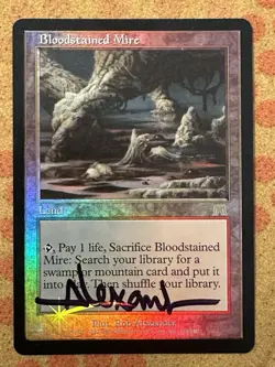 MtG: Onslaught Foil Bloodstained Mire - NM - Signed - Image 1