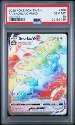 PSA 10 GEM MINT Snorlax VMAX Sword & Shield Secret Rare Holo Pokemon 206/202 - Image 1