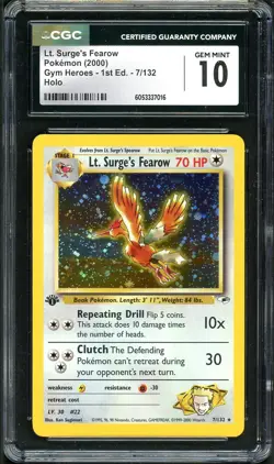 CGC 10 GEM MINT 1st Edition Lt. Surge’s Fearow Gym Heroes 7/132 Holo Pokemon - Image 1