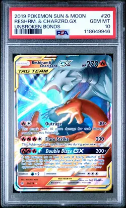 2019 POKEMON SUN & MOON UNBROKEN BONDS #20 RESHIRAM & CHARIZARD GX PSA 10 - Image 1