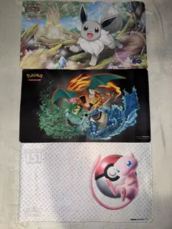 Pokemon TCG Playmat Lot 3 Eevee Charizard Venusaur Mew 24x14in Non-Slip - Image 1