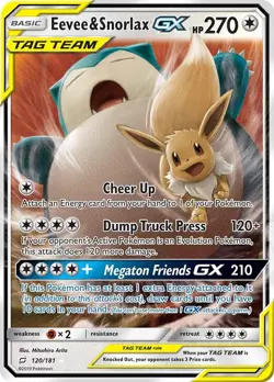 Pokemon Eevee & Snorlax GX TAG TEAM Ultra Rare Holo 120/181 Sun & Moon Team Up - Image 1