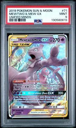 2019 POKEMON SUN & MOON UNIFIED MINDS #71 MEWTWO & MEW GX PSA 9 - Image 1