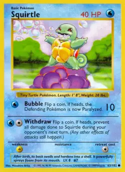 Squirtle - 63/102 - Pokemon Base Set Shadowless Card WOTC NM - Image 1
