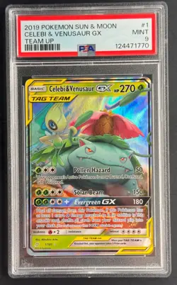 Celebi & Venusaur GX PSA 9 – 1/181 Ultra Rare Holo – 2019 Pokemon Team Up SM Tag - Image 1