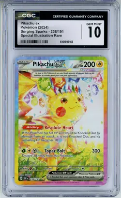 CGC GEM MINT 10 Pokemon TCG Pikachu ex 238/191 Sv08: Surging Sparks Holo SIR - Image 1