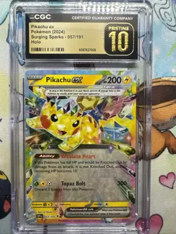Pokemon TCG Sv08: Surging Sparks Pikachu EX Holo Card 057/191 CGC 10 Pristine - Image 1