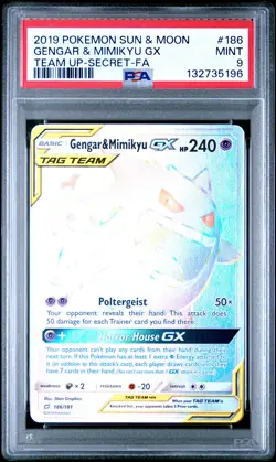 2019 POKEMON SUN & MOON TEAM UP SECRET #186 FULL ART/GENGAR & MIMIKYU GX PSA 9 - Image 1