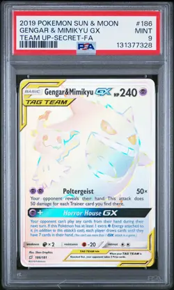 2019 POKEMON SUN & MOON TEAM UP SECRET #186 FULL ART/GENGAR & MIMIKYU GX PSA 9 - Image 1