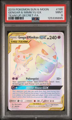 2019 POKEMON SUN & MOON TEAM UP SECRET #186 FULL ART/GENGAR & MIMIKYU GX PSA 9 - Image 1