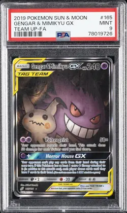 2019 POKEMON SUN & MOON TEAM UP #165 FULL ART/GENGAR & MIMIKYU GX PSA 9 - Image 1