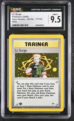 CGC 9.5 MINT+ Lt. Surge Gym Heroes 1st Edition 17/132 Holo Pokemon Card - Image 1