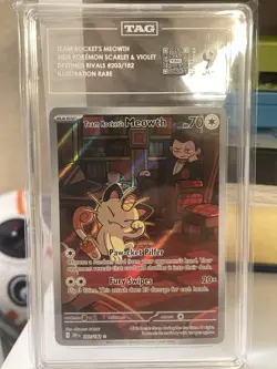 Pokemon TCG Team Rockets Meowth Card 203/182 Destined Rivals Set PSA 9 Mint - Image 1