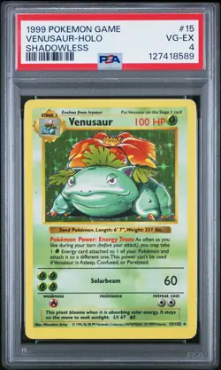 1999 POKEMON GAME SHADOWLESS #15 VENUSAUR-HOLO PSA 4 - Image 1