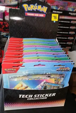 Pokemon Prismatic Evolutions Sticker Tech Collection DISPLAY – 12 Tech Packs - Image 1