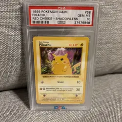 Pokemon PSA 10 Shadowless Base Set Red Cheeks Pikachu (58/102) GEM MINT - Image 1