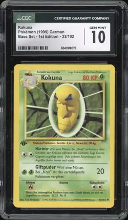 1999 Pokemon GERMAN 1st Edition Base Set Kokuna-Kakuna 33/102 CGC 10 GEM MINT - Image 1