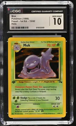 CGC 10 GEM MINT Muk 1999 Fossil 1st Edition 13/62 Holo Pokemon Card - Image 1