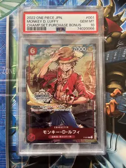 PSA 10 Monkey D Luffy P-001 Champ Set Purchase Bonus 2022 Japanese ONE PIECE TCG - Image 1