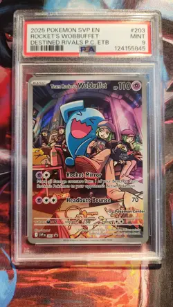 2025 POKEMON DESTINED RIVALS POKEMON CENTER #203 TEAM ROCKET'S WOBBUFFET PSA 9 - Image 1