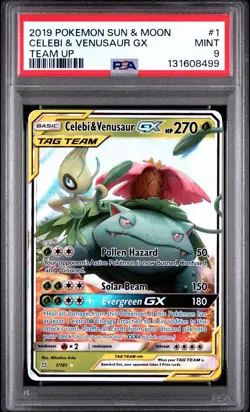 2019 POKEMON SUN & MOON TEAM UP #1/181 CELEBI & VENUSAUR GX TAG TEAM PSA 9 MINT - Image 1