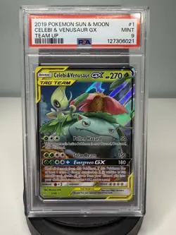 2019 Pokemon Team Up Celebi & Venusaur GX Ultra Holo Foil Rare 1/181, PSA 9 - Image 1