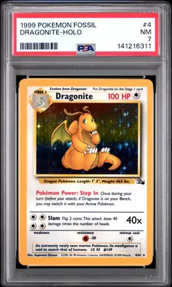 1999 POKEMON FOSSIL #4 DRAGONITE-HOLO PSA 7 - Image 1