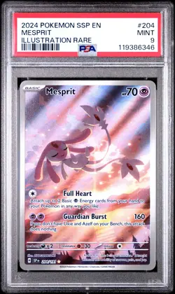 2024 POKEMON SSP EN-SURGING SPARKS ILLUSTRATION RARE #204 MESPRIT PSA 9 - Image 1