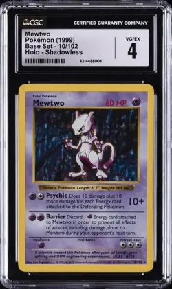 1999 POKEMON BASE SET HOLO SHADOWLESS #10/102 MEWTWO CGC 4 - Image 1