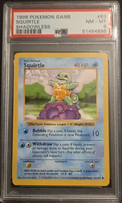 Squirtle 63/102 Shadowless Pokemon 1999 Base Set Shadowless PSA 8 NM MT - Image 1
