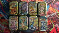 Full Set 8 EMPTY Pokemon PRISMATIC EVOLUTIONS Mini Tins & Eevee Coins (NO PACKS) - Image 1