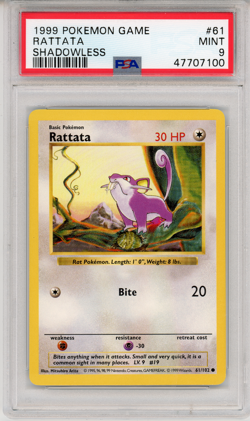 1999 POKEMON GAME RATTATA SHADOWLESS- PSA 9 - #61 61/102 GENUINE - Image 1