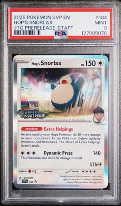 2025 POKEMON SVP PROMO JOURNEY TOGETHER PRERELEASE STAFF HOP'S SNORLAX PSA 9 - Image 1