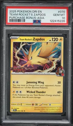 2025 POKEMON DRI PURCHASE BONUS-ASIA #070 TEAM ROCKET'S ZAPDOS PSA 10 - Image 1