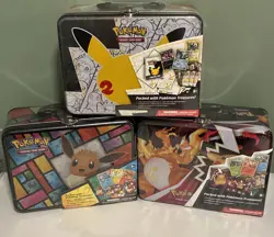 Pokemon TCG 25th Anniversary, Evee, Zard Sealed Lunch Box Tin Lot X 3 - Image 1
