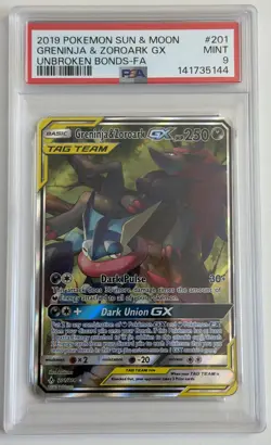 2019 POKEMON SUN & MOON UNBROKEN BONDS FULL ART/GRENINJA & ZOROARK GX PSA 9 - Image 1