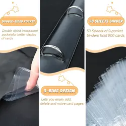 9 Pockets Trading Card Binder with 900 Double-Sided Pockets, PU Zipper Top Loade - Image 5