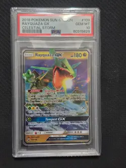 2018 POKEMON SUN & MOON CELESTIAL STORM RAYQUAZA GX 109/168 PSA 10 - Image 1