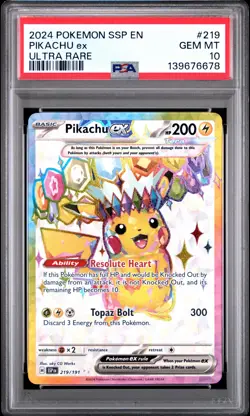 2024 POKEMON SSP EN-SURGING SPARKS ULTRA RARE #219 PIKACHU EX PSA 10 - Image 1