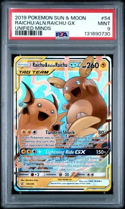 2019 Raichu & Alolan Raichu GX 54/236 Sm-Unified Minds Holo - PSA 9 Mint - Image 1