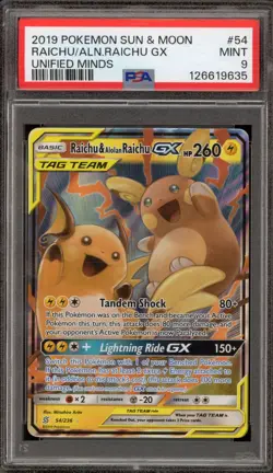 Pokemon Raichu & Alolan Raichu GX Unified Minds Holo Ultra Rare #54 PSA 9 Mint - Image 1