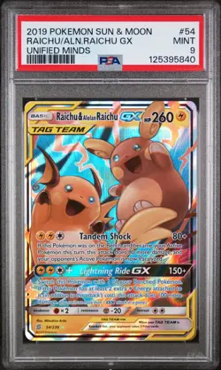 2019 POKEMON SUN & MOON UNIFIED MINDS #54 RAICHU & ALOLAN RAICHU GX PSA 9 - Image 1
