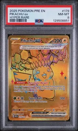 2025 POKEMON PRE EN-PRISMATIC EVOLUTIONS HYPER RARE #179 PIKACHU EX PSA 8 - Image 1