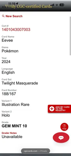 Eevee 188/167 Pokemon Twilight Masquerade - CGC Gem Mint 10 - Image 3