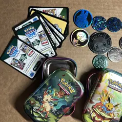 Pokemon TCG lot of Coins Jumbo and Standard/Pins/Redeem Codes/Tins empty - Image 2