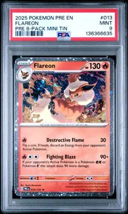 2025 POKEMON PRE EN-PRISMATIC EVOLUTIONS PRE 8-PACK MINI TIN HOLO FLAREON PSA 9 - Image 1