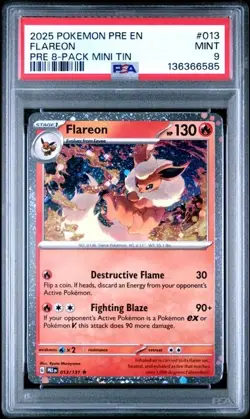 2025 POKEMON PRE EN-PRISMATIC EVOLUTIONS PRE 8-PACK MINI TIN HOLO FLAREON PSA 9 - Image 1
