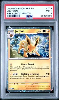 2025 POKEMON PRE EN-PRISMATIC EVOLUTIONS PRE 8-PACK MINI TIN #029 JOLTEON PSA 9 - Image 1