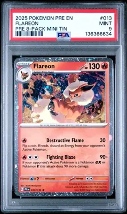 2025 POKEMON PRE EN-PRISMATIC EVOLUTIONS PRE 8-PACK MINI TIN HOLO FLAREON PSA 9 - Image 1